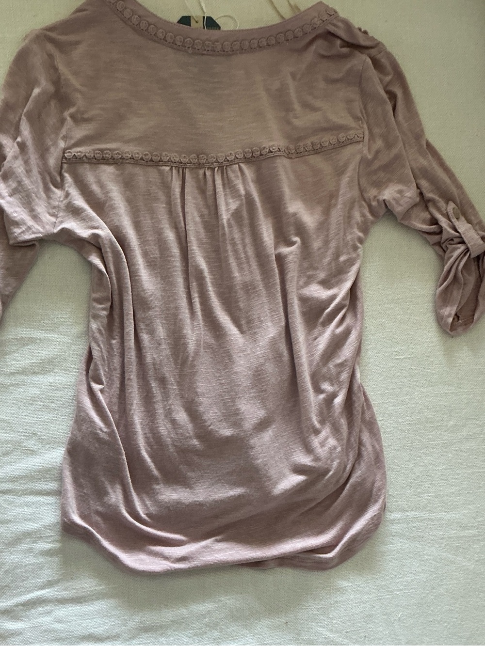 Democracy Embroidered Blouse Lace Trim Roll Tab Sleeve Top Size XS NWT - Picture 3 of 4